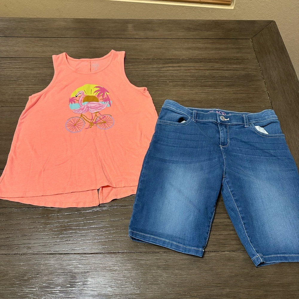 Girls 10 Plus Flamingo Tank Top & Children's Place Skimmer Jean shorts set